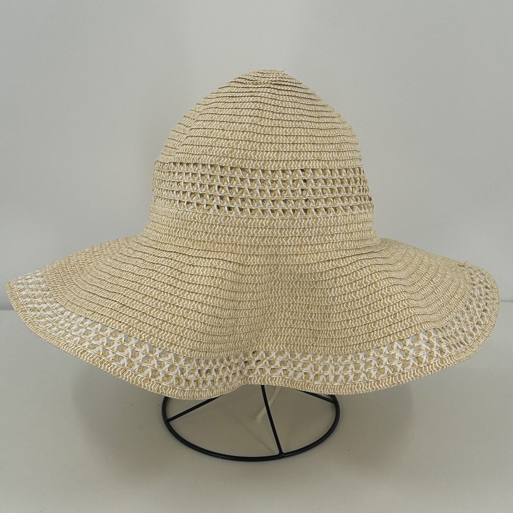 Calia Womens Tan White Woven Straw Wide Brim Floppy Sun Hat Beach Costal